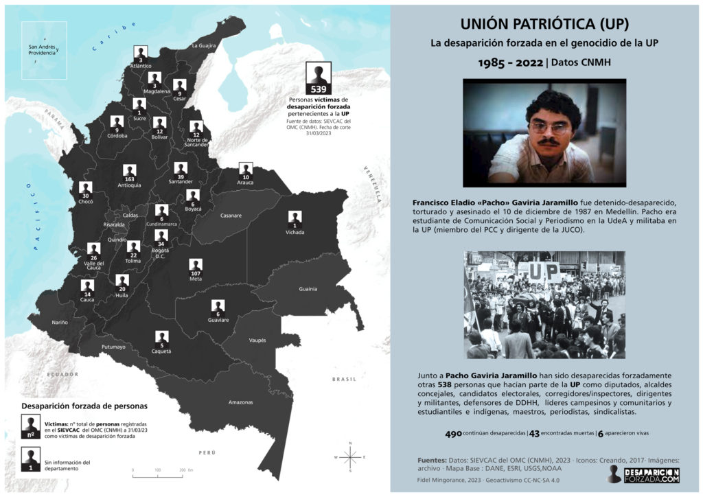 mapa desaparición forzada militantes UP con datos OMC