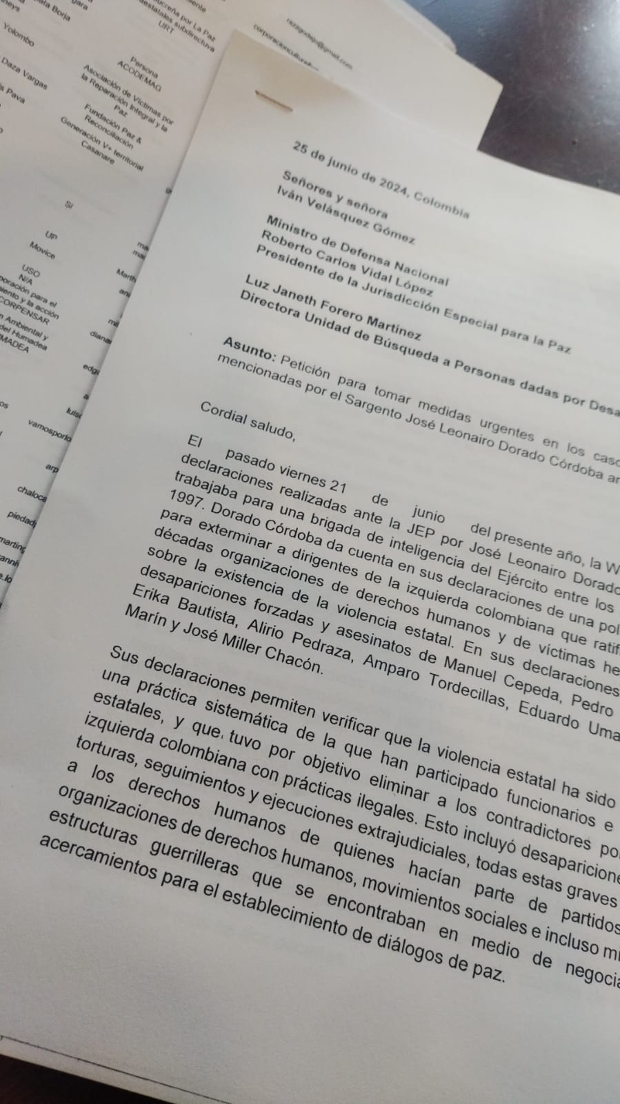 Petición para tomar medidas urgentes en los casos de las víctimas mencionadas por el Sargento José Leonairo Dorado Córdoba ante la JEP